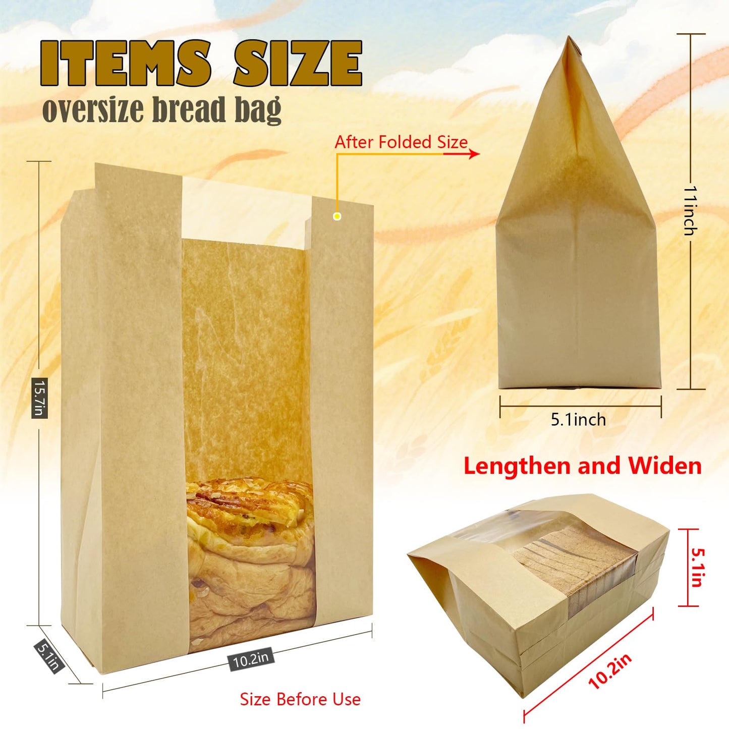 HiCivan 15.7x10.2x5.1in Extra Large Paper Bread Bags for Homemade Bread with Window&Sticker for Supersized Sourdough Bread, Oversized Bread Loaf, Baked Goods, Packaging for Gifting-Brown Kraft 50Pcs