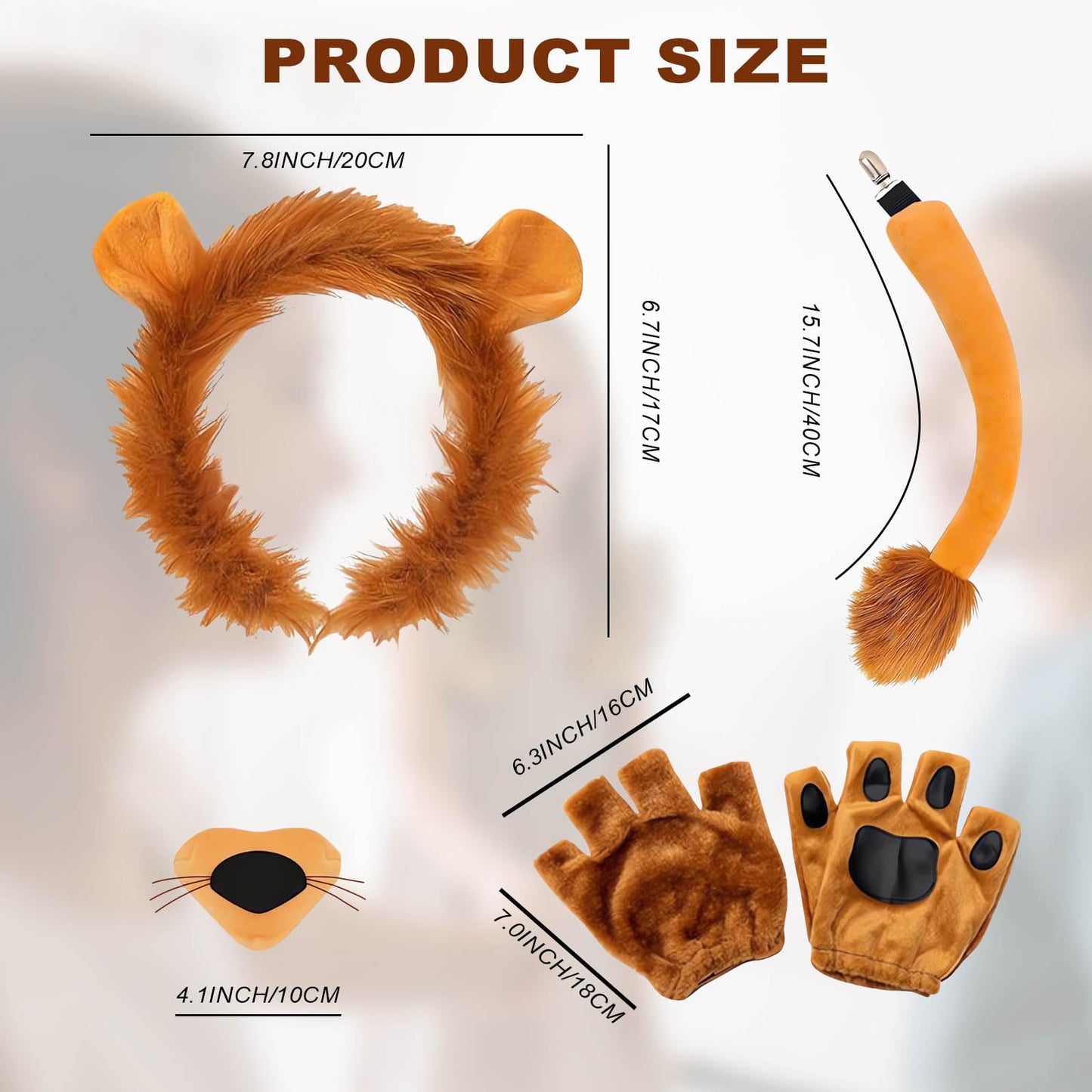 HATINXIA 5Pcs Lion Costume Set for Adult Men Women - Lion Ears Headband with Mane, Furry Tail, Paw Gloves and Nose for Halloween Dress Up Cosplay Accessories Party Supplies