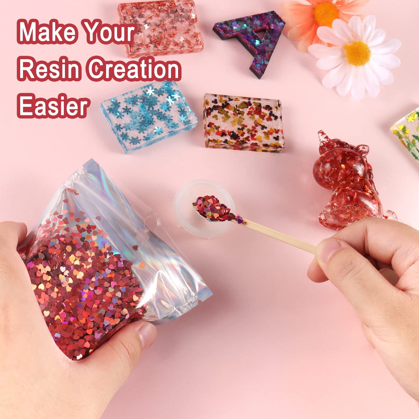 Renfio 1.75 Oz 50g Holographic Loving Heart Shape Shiny Glitter Love Confetti Sequin Glitters Resin Sparkle Chunky Sequins for D
