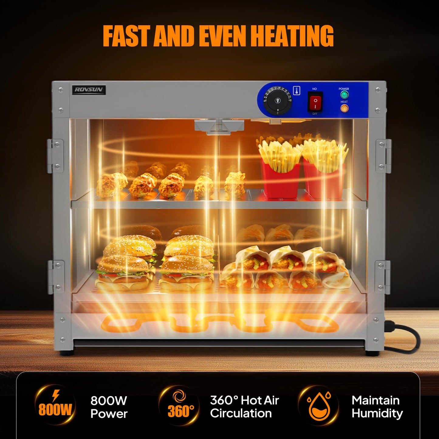 ROVSUN 2-Tier Food Warmer Pizza Warmer, Commercial Food Warmer Display with LED Lighting Removable Shelves Glass Door, Electric Countertop Food Warmer for Buffet Restaurant 110V 800W
