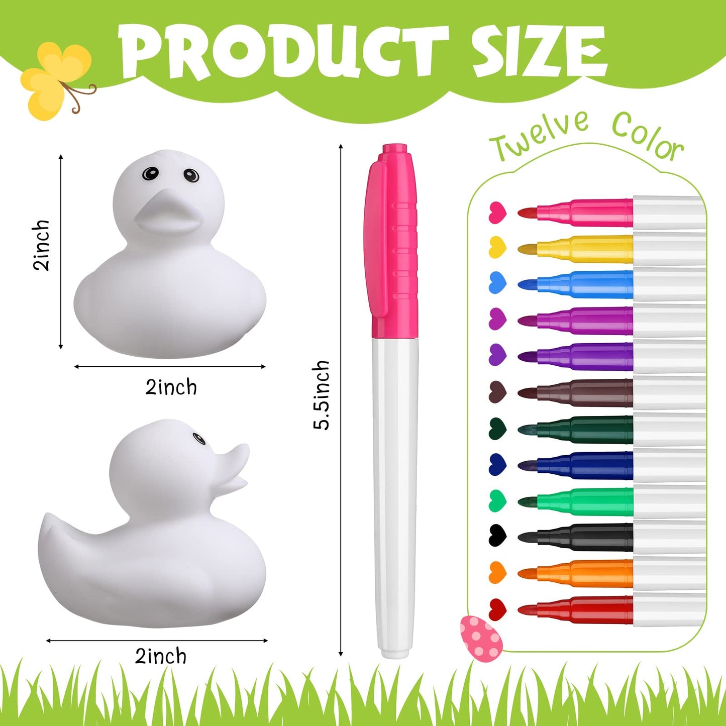 Jerify 12 Pcs 2 Inch White Blank Rubber Ducks Creative Rubber Ducks with Pens of 12 Colors for Pool Bathtub Float Cute Easter DIY Crafts Birthday Gifts Baby Party Favors for Kids