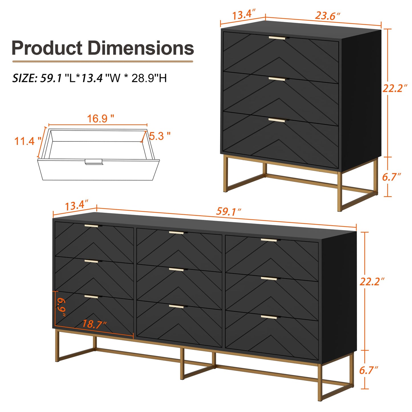 Scurrty 59" Large Chest of Drawers, Storage Cabinet 9 Drawer Dresser with Lines, Black Dressers with Storage,Dressers for Living Room, Bedroom