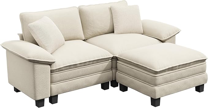 87-Inch L Shaped Sectional Sofa with Cloud Cushions, Deep Seat Modular Couch Set w/ 3 Seats & 1 Ottomans, Removable Arms, Plush Chenille Upholstery for Living Room, Apartment - Beige