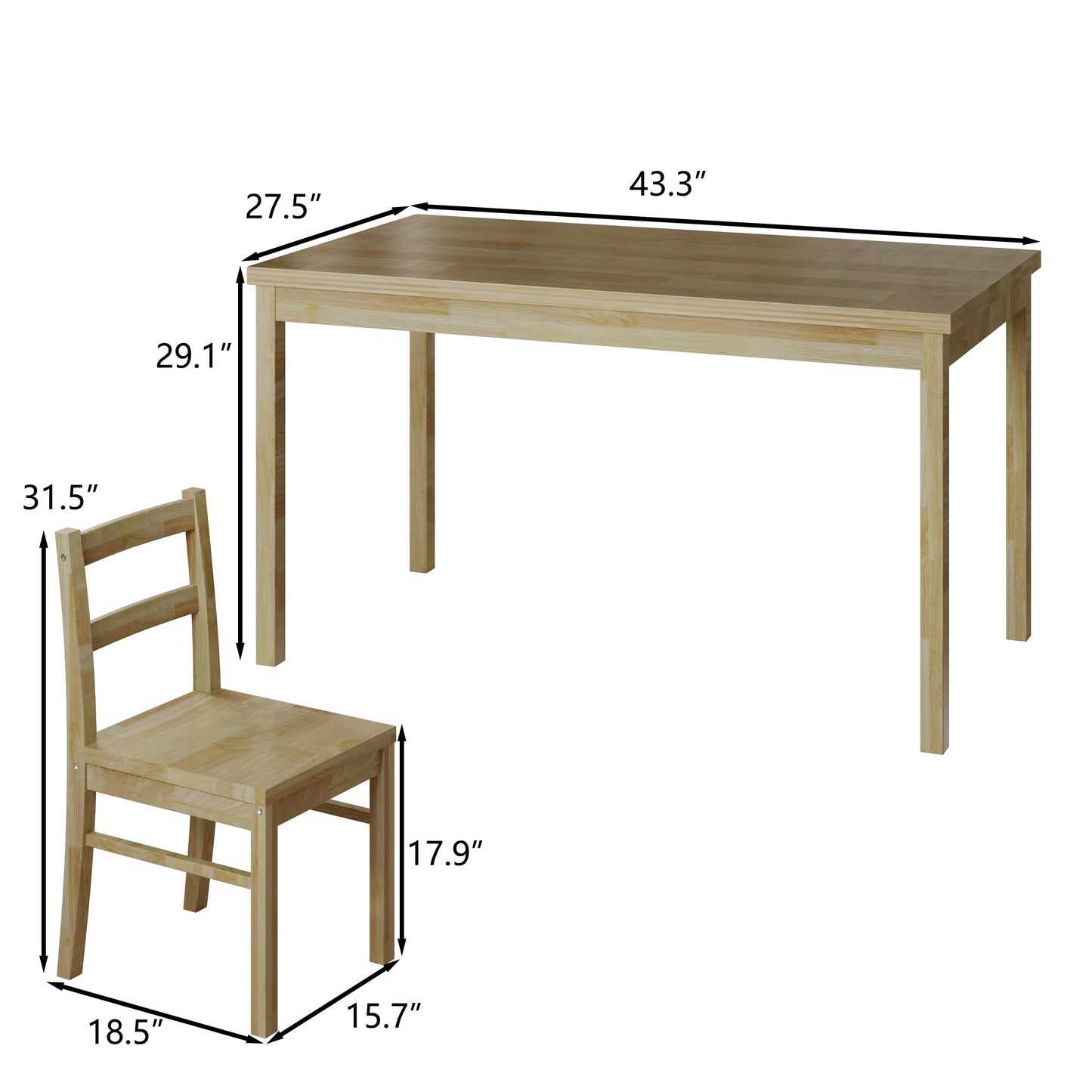 Orweiin 43.3 inch Solid Wood Indoor Modern Rectangular Dining Table Set for 4, Table and 4 Solid Wood Dining Chairs for Kitchen, Bar, Living Room, Breakfast Nook, Natural