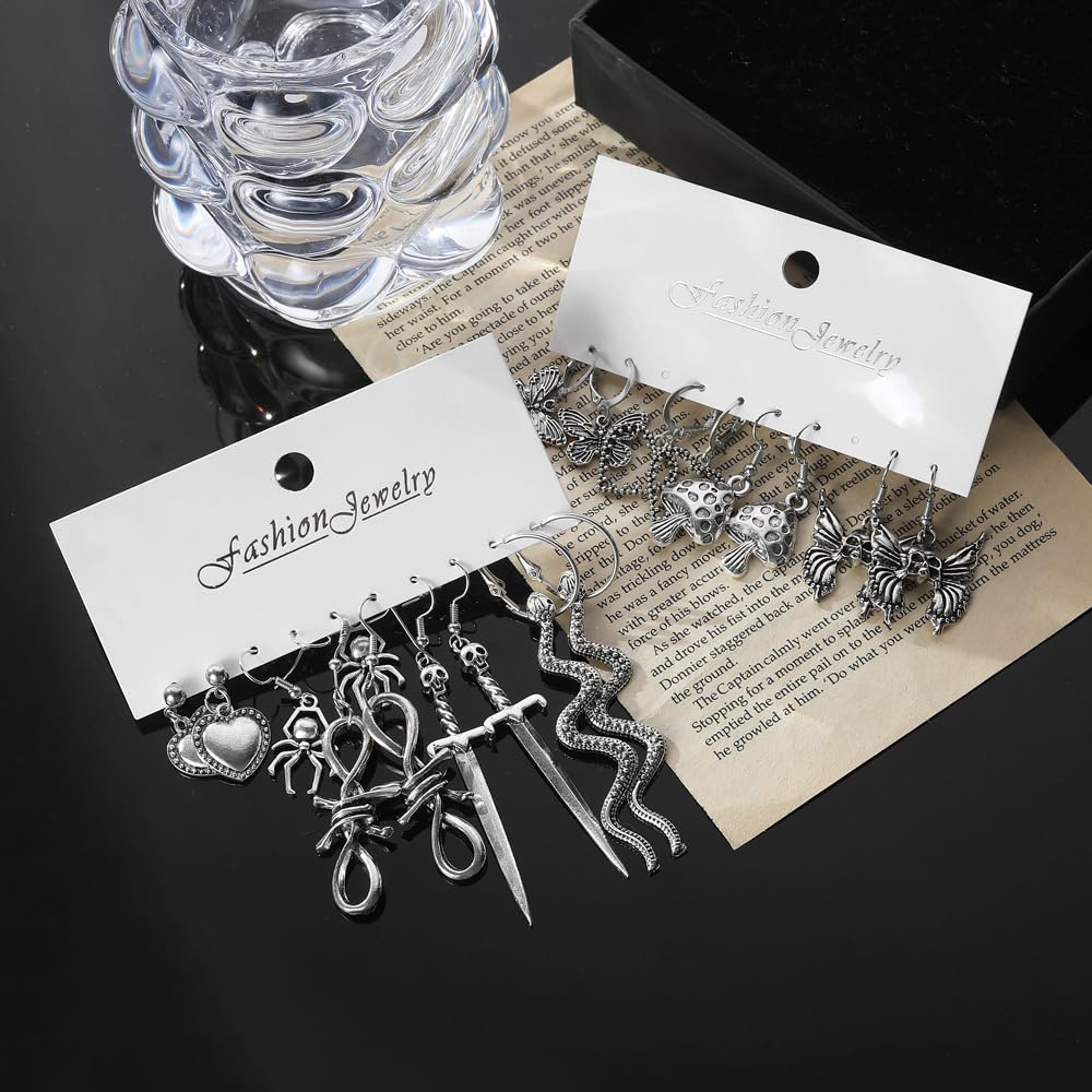 Gothic Earrings Set, Metal Punk Goth Vintage Silver Snake Spider Butterfly Dagger Dangle Drop Earrings for Women, Grunge Y2K Emo Jewelry Pack Party Costume Accessories (Style1)