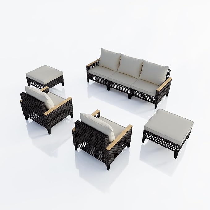 PCSXDSW 7 Pieces Patio Furniture Set, Outdoor Conversation Sets with Footstool, Wicker Rattan Sofa Couches Chairs Ottomans for Porch, Poolside, Deck, Balcony, Backyard, Yard, Garden (Beige Cushions)