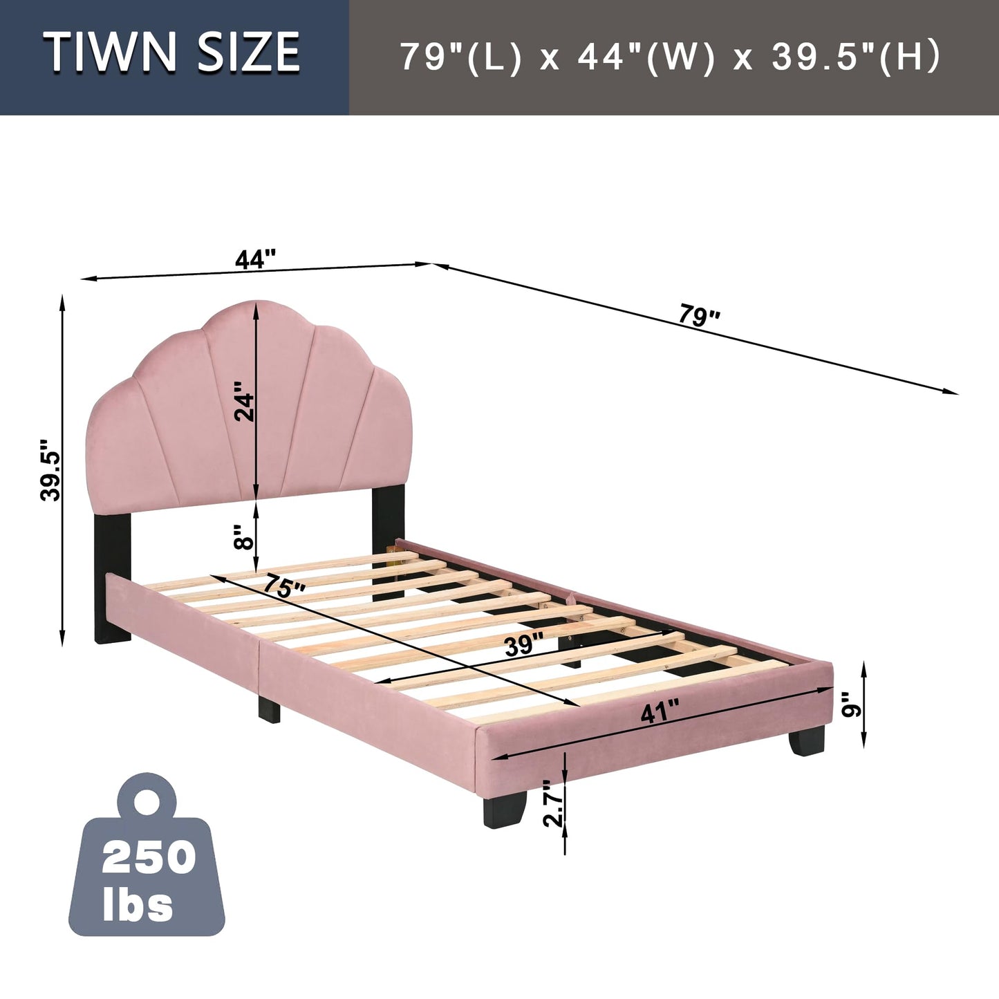 Ball & Cast Twin Size Platform Bed, Cute Shell Shaped Headboard Bed-Frame Girls Boys Teens, Velvet Upholstered Beds with Wood Slat Support, No Box Spring Needed, Pink