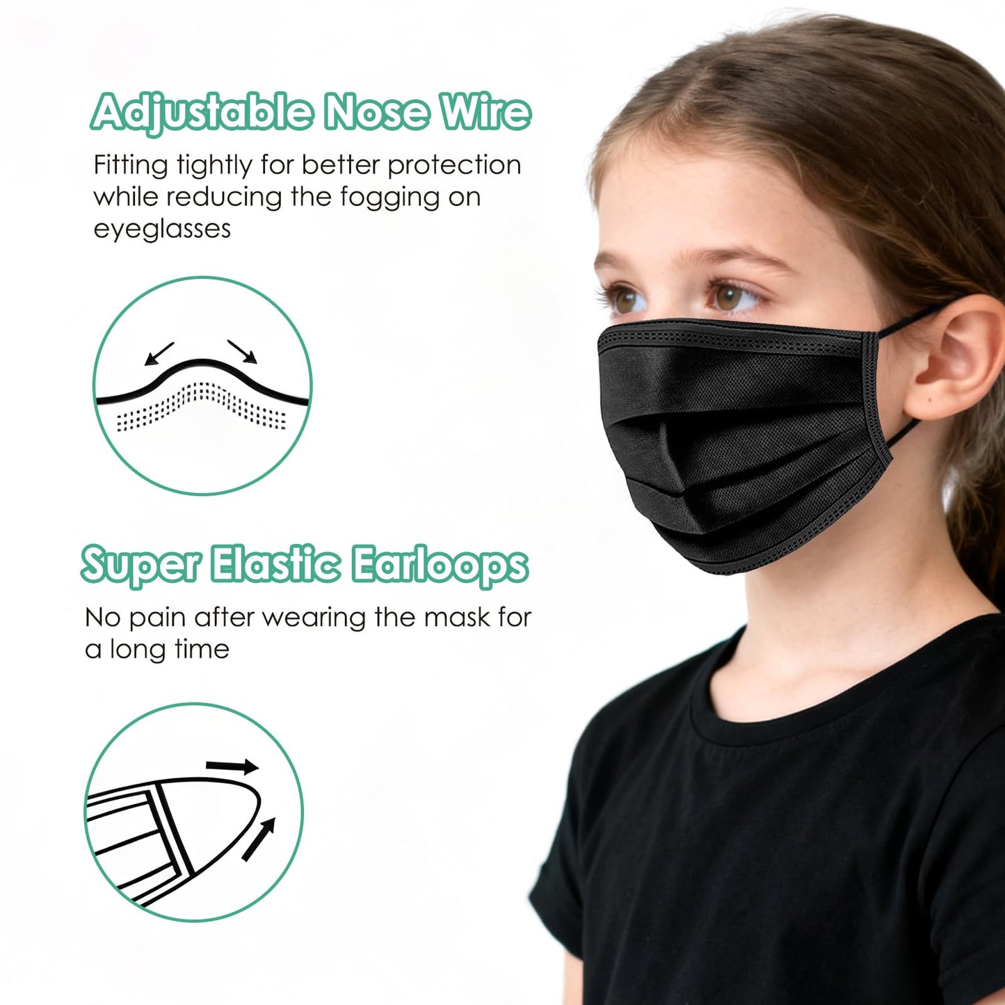 NNPCBT Kids Face Mask Disposable Black 100 PCS 3 Ply Children Boys Girls Face Masks with Earloops