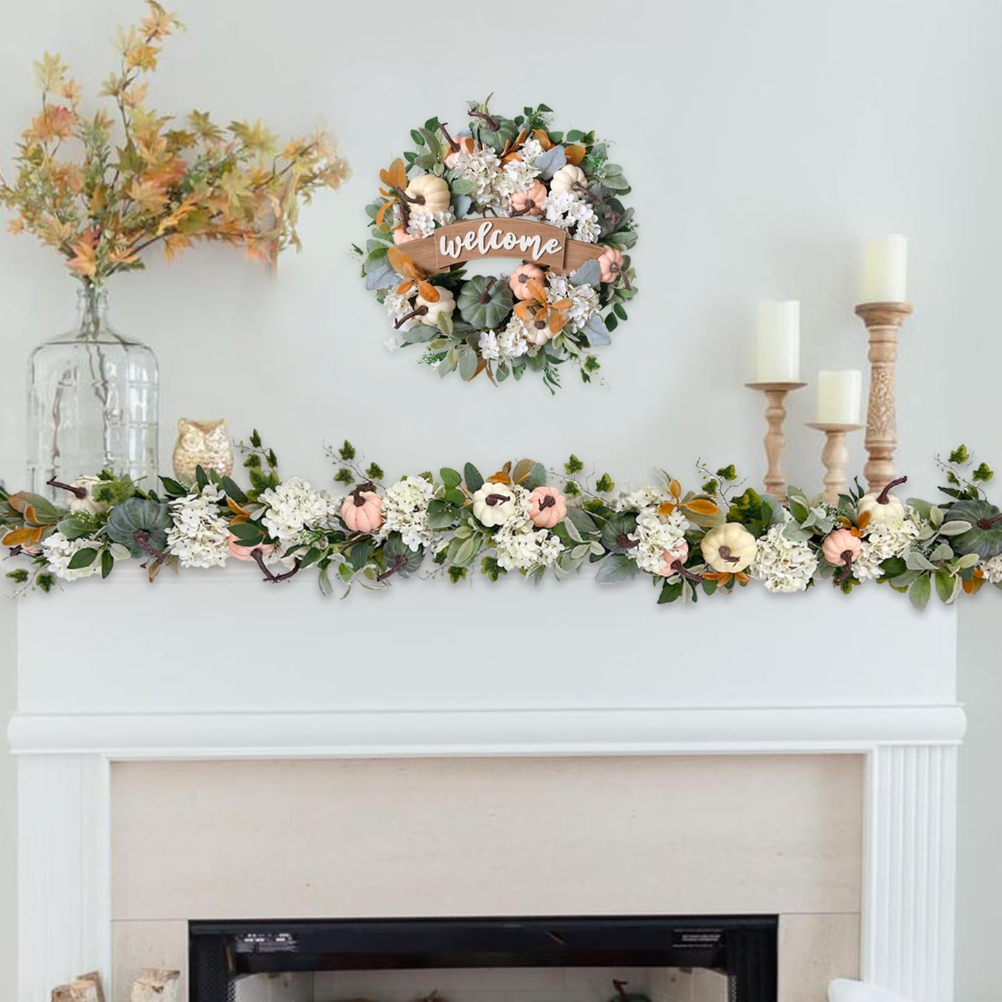 Egolot Fall Pumpkin Hydrangea Flower Garland for Doors Wall, Autumn White Coral Pumpkins with Lamb Ear Leaves for Home Decoration, Fall Home Decor Wreath Garland