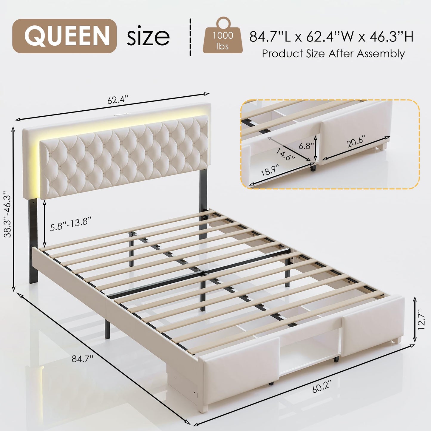 MARMONS Queen Size Bed Frame, LED Queen Bed Frame with Headboard and Storage Cabinets, Upholstered Velvet Bed Frame Queen with Charging Station, Wooden Slats Support, No Box Spring Needed, White