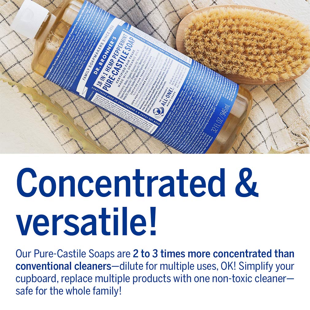Dr. Bronner's - Pure-Castile Liquid Soap (Peppermint, 32 ounce and 2oz bundle) - Made with Organic Oils, 18-in-1 Uses: Face, Bod