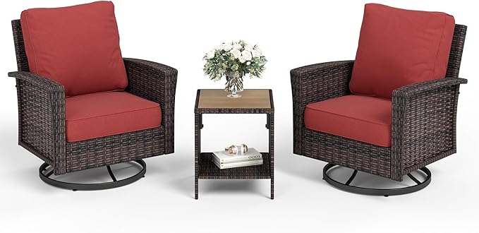 SUNSHINE VALLEY Patio Wicker Swivel Chairs Set of 2, Outdoor High Back Chairs with 5.5" Waterproof Cushions and Side Table, Outdoor Furniture Set for Deck Porch and Yard, Peacock Blue