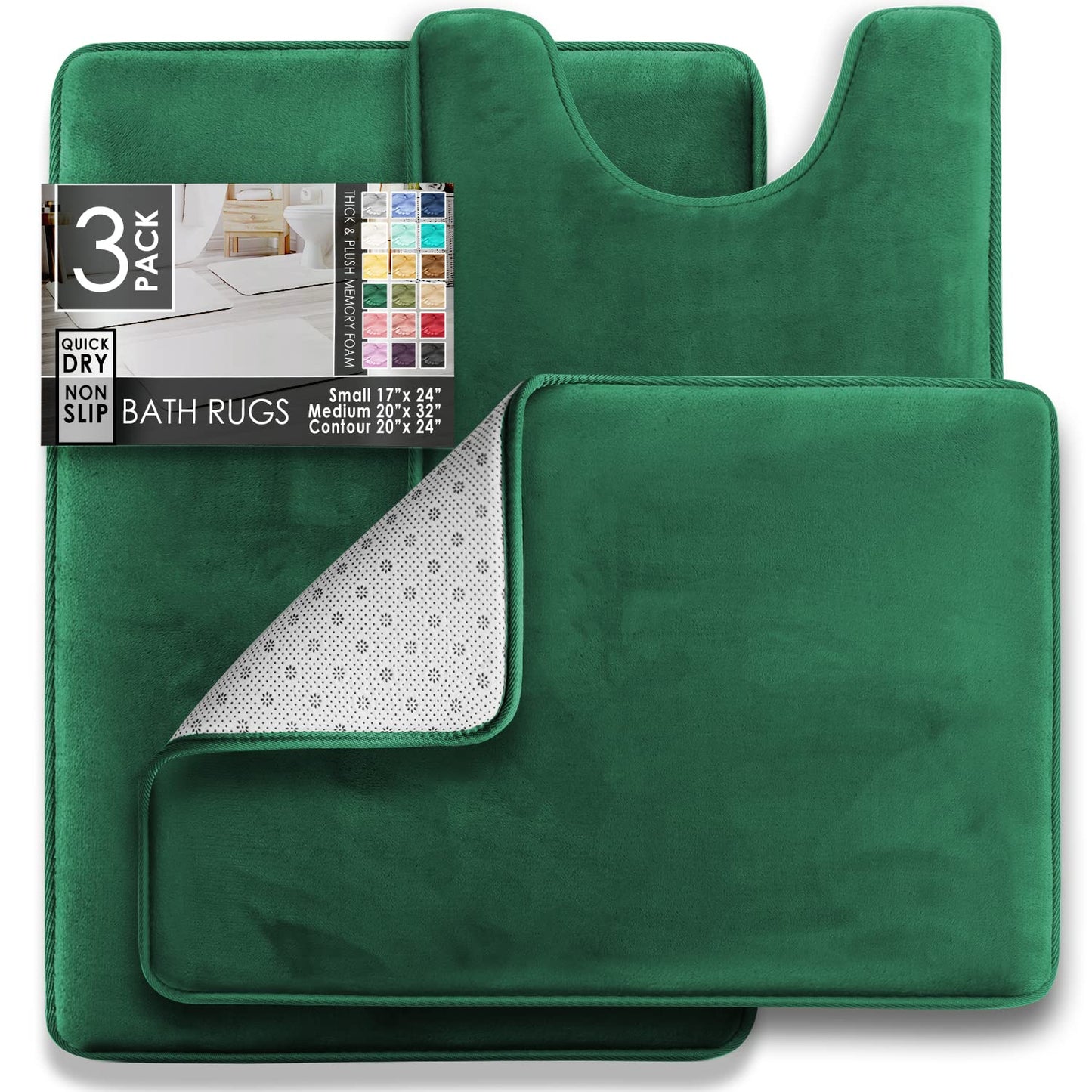 Clara Clark 3 Piece Bathroom Rugs Bath Mat Set, Velvet Memory Foam Bath Mats for Bathroom - Non-Slip, PVC Backing Bath Rugs, Washable - Dries Quickly, Green