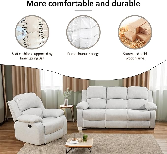 A Ainehome Living Room Furniture Set Microfiber Recliner Sofa Set Loveseat Chair Furniture Sofa Set for Living Room/Small Space/Rv/House/Office/Theater Seating (A-Grey White Microfiber, Sofa+Chairs)