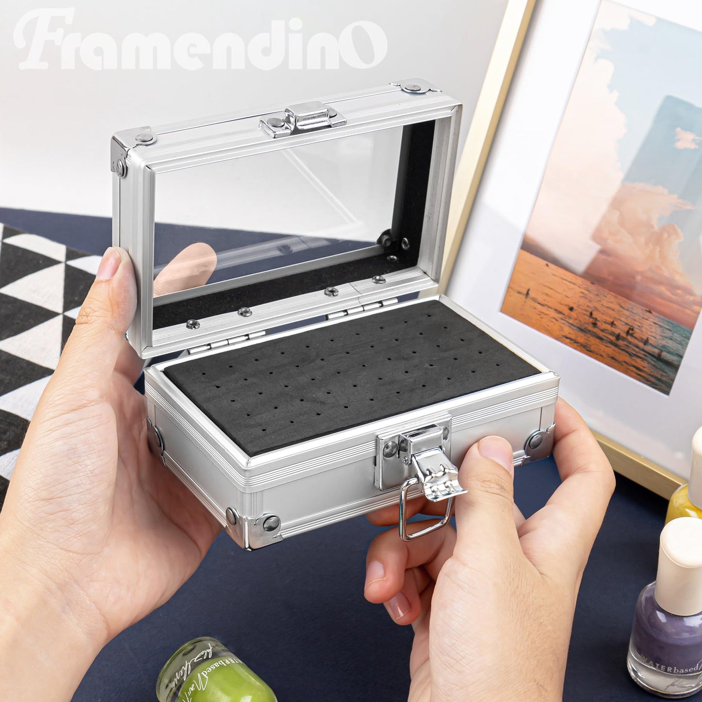 Framendino, 50 Holes Nail Drill Bit Holder Case Polishing Heads Organizer for Salon Grinding Head Silver