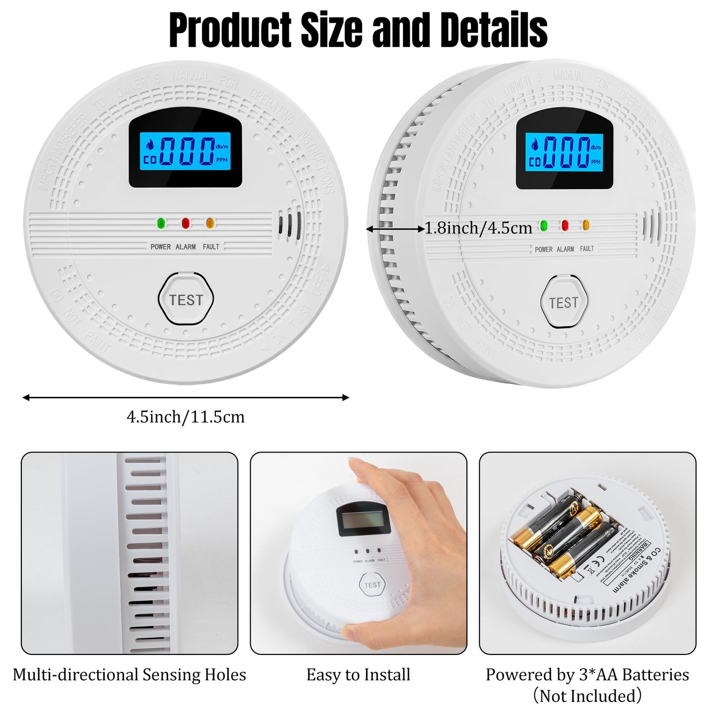 GQIRIL Smoke and Carbon Monoxide Detector - Battery Powered Monoxide Alarm with Dual Sensor and Digital Display, Portable Fire and CO Warning Light Indicators for Kitchen Home (No Battery) 2 Pack