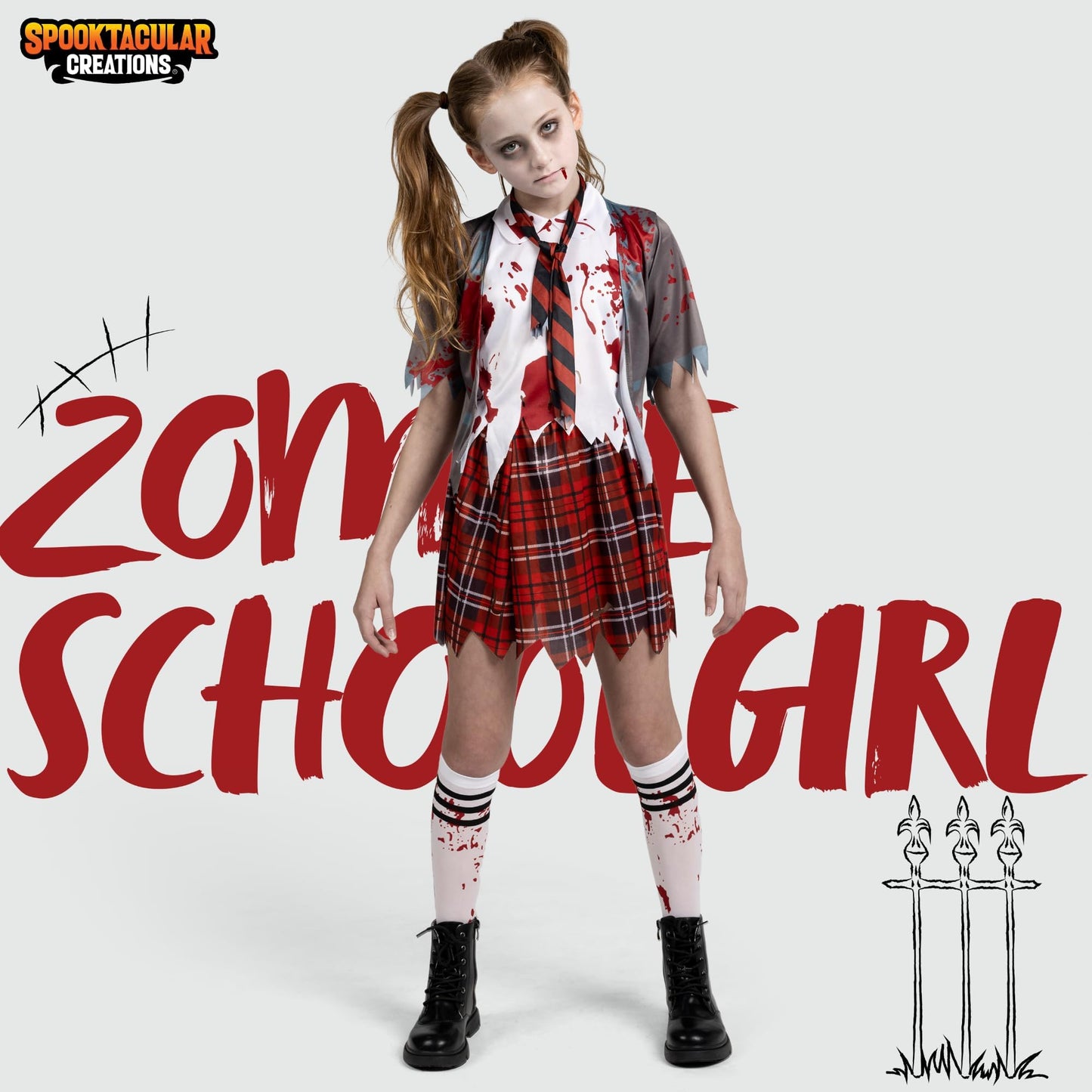 Spooktacular Creations Zombie Schoolgirl Costume, Halloween Girl Bloody Zombie Costume for Kids,Halloween, School, Event Party Dress Up (Gray, Medium(8-10 yrs))