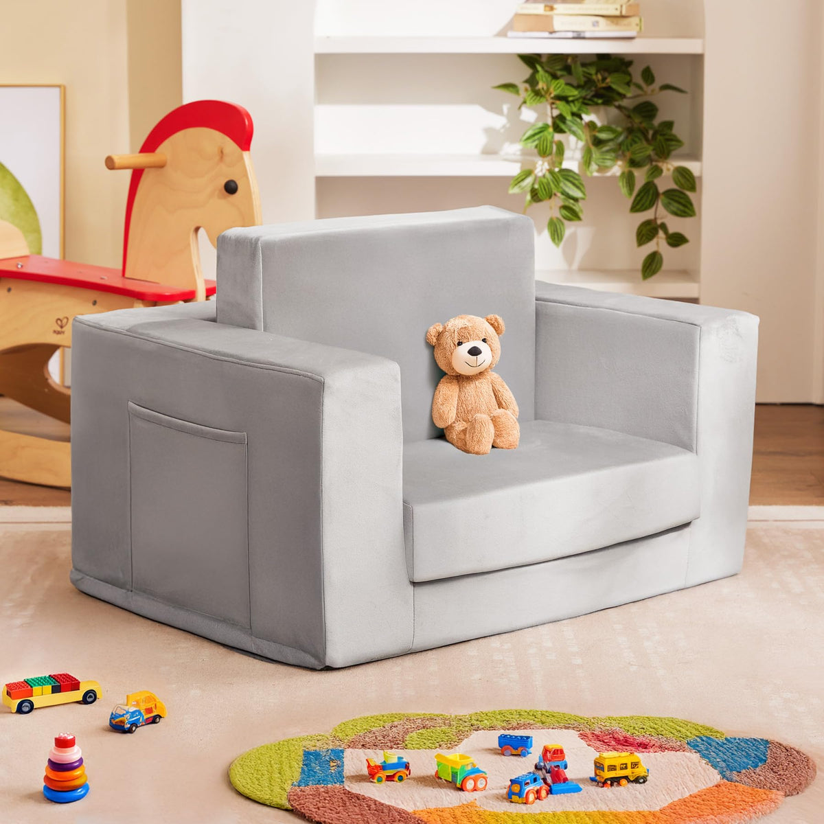 Kids Couch, 2-in-1 Toddler Chair Comfy 1-3 Years, Convertible Kids Chair, Toddler Couch That Fold Out, Kid Lounge Chairs for Boys and Girls, Soft Coral Fleece, Grey