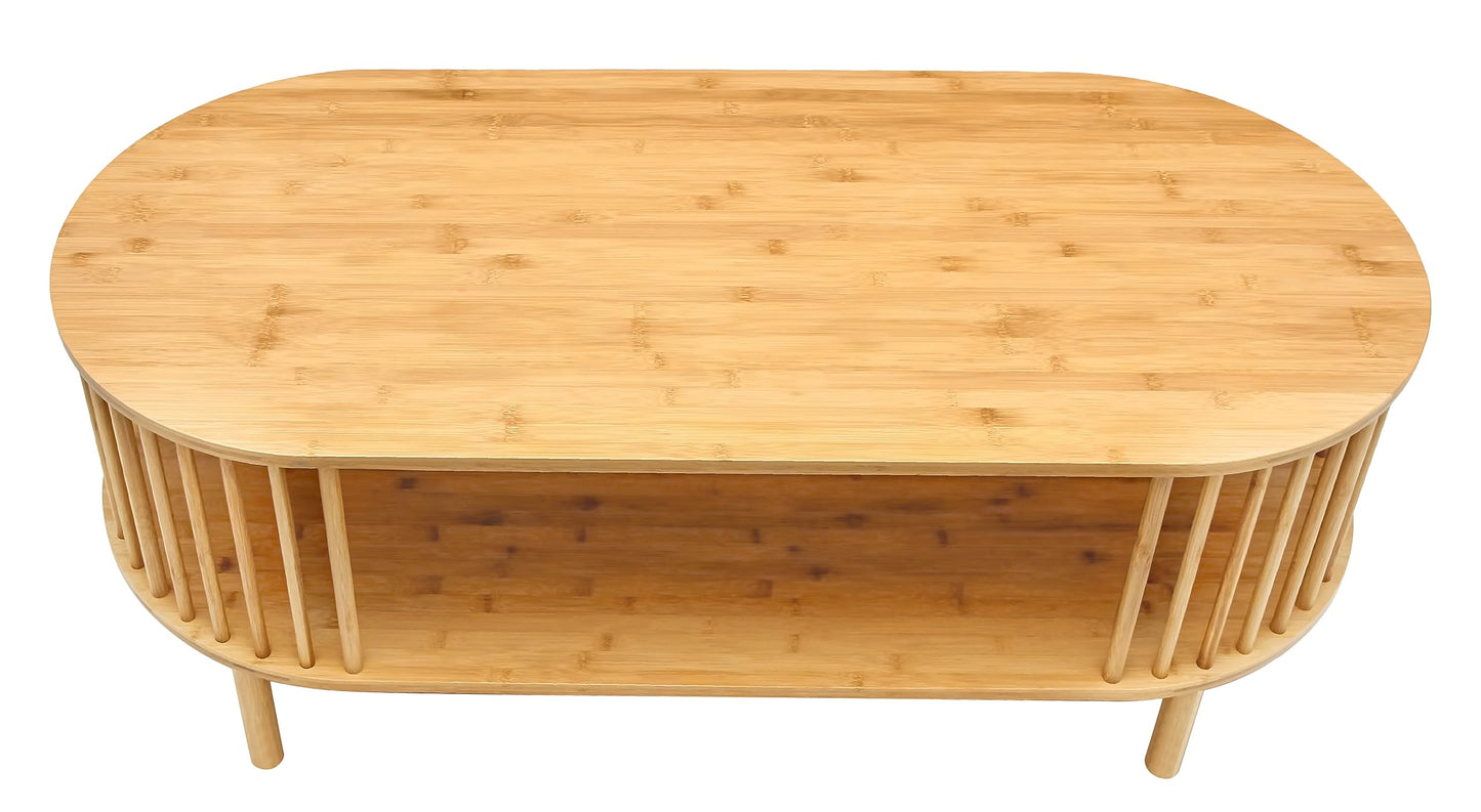 VaeFae Oval Coffee Table, Bamboo Coffee Table for Living Room, 2-Tier Farmhouse Center Table with Storage Shelf