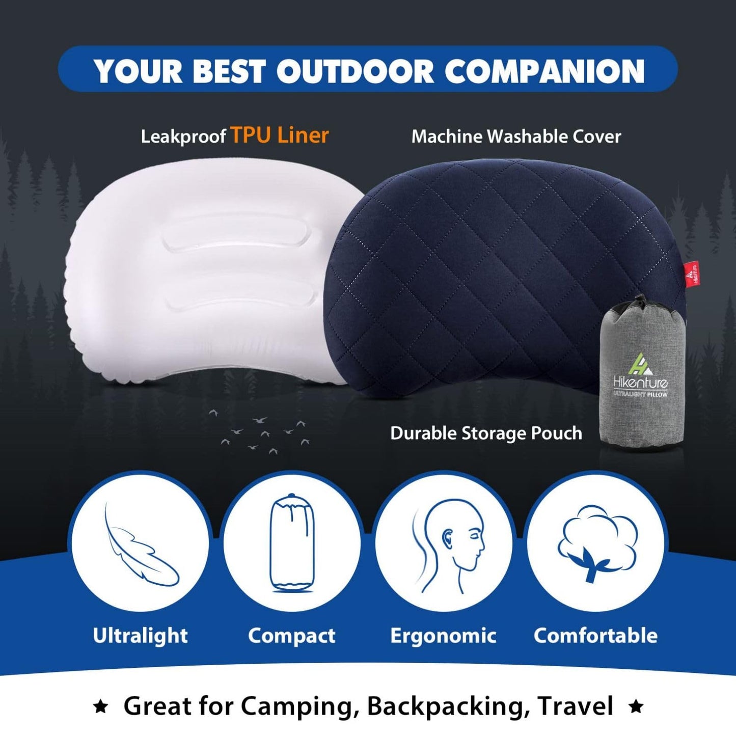 Hikenture Inflatable Pillow for Camping, Washable Backpacking Pillow for Sleeping, Ultralight Blow Up Pillows with Removable Cover, Portable&Compact Hiking Pillow for Beach, Travel, Outdoor(Blue)
