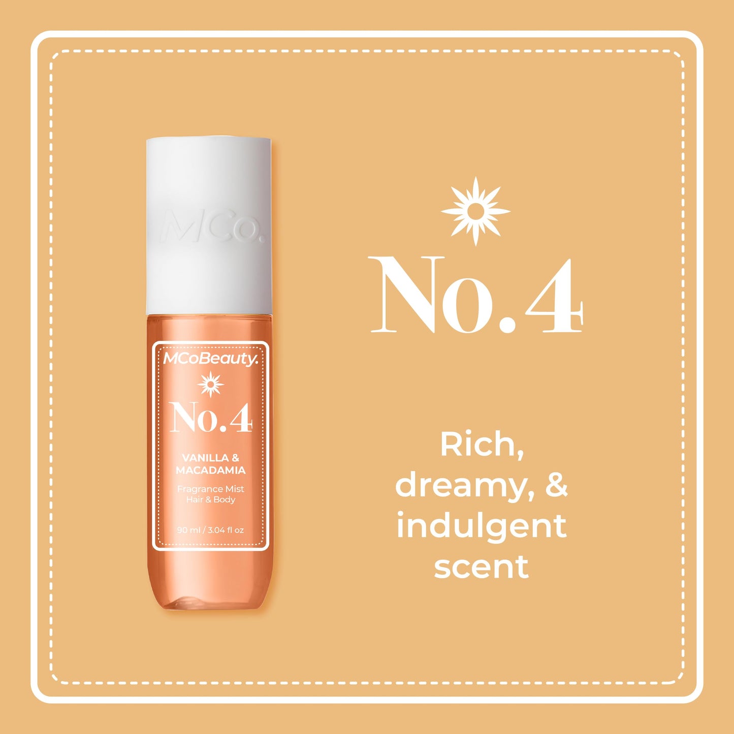 MCoBeauty - Fragrance Mist No.4 - Light Body Mist and Hair Perfume with Caramel, Macadamia, White Chocolate and Sea Salt - Gifts for Women, Feminine Spray, Self Care Gifts for Women - 90ml Bottle