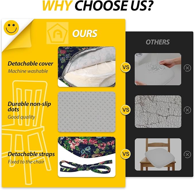 AAAAAcessories D-Shaped Chair Cushions, 2" Thick Dining Chair Pads with Ties and Removable, Machine-Washable Cover, 17" x 16", Set of 4, Night-Blooming Blossoms