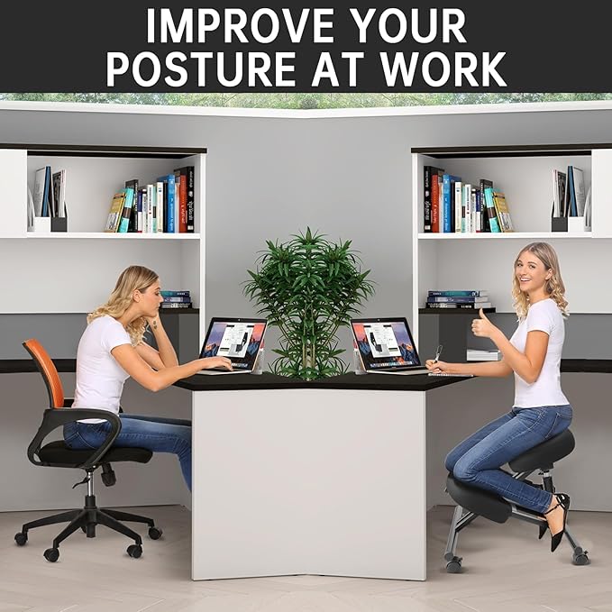 DENGTELI PU Leather Ergonomic Kneeling Chair, Adjustable Home and Office Stool with Thick Pads and Flexible Lockable Brake Wheels for Back Pain Relief(Black)