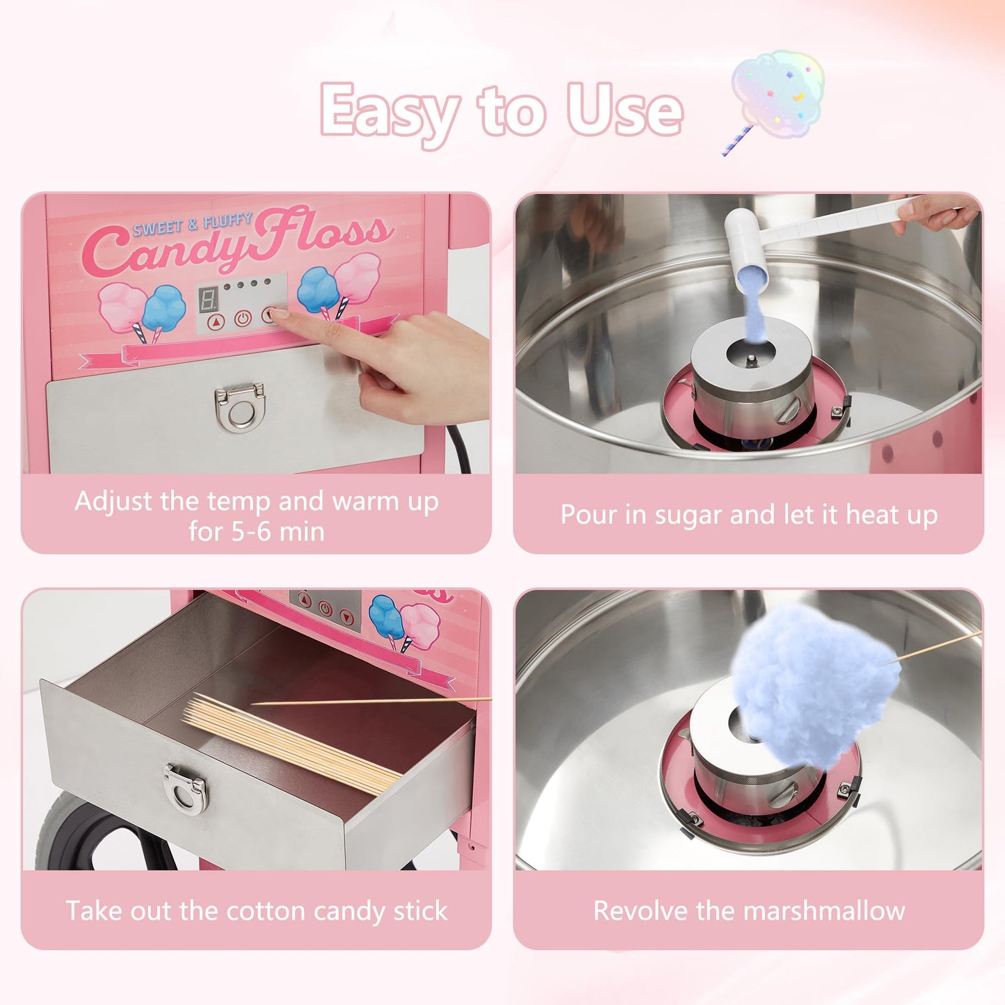 Electric Cotton Candy Maker Commercial With Cart, Cotton Candy Machine for Kids with 20 inch Stainless Steel Bowl for Family, Party, Amusement Park, Carnival- Pink