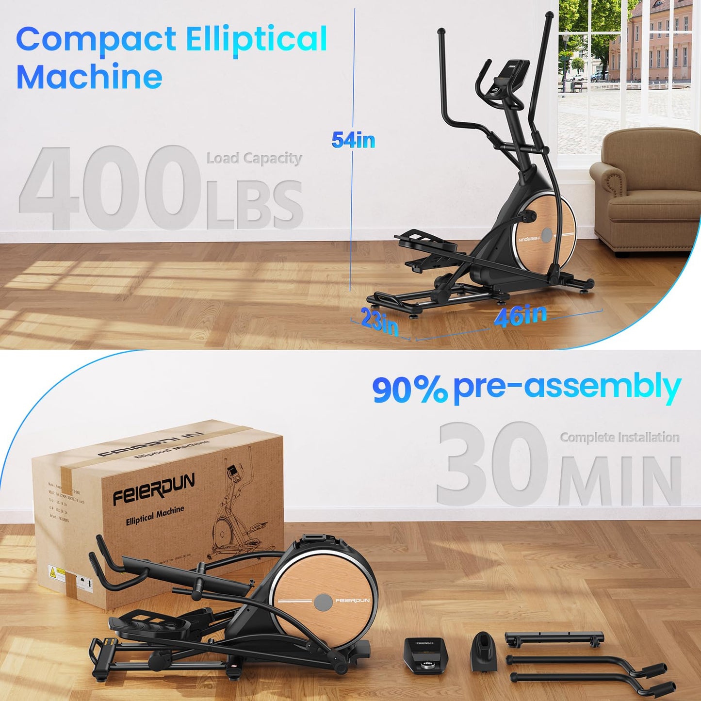 FEIERDUN Elliptical Machine, Cross Trainer for Home Use with Hyper-Quiet Electromagnetic Front Driving System, 32 Resistance Levels, 20IN Stride, 400LBS Weight Capacity