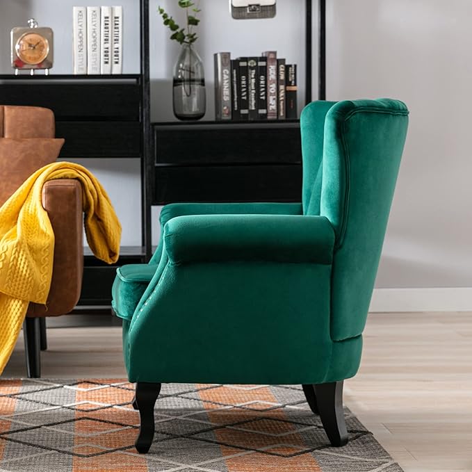 DM Furniture Velvet Accent Chairs Set of 2 with Arm Comfy Living Room Chair Mid-Century Modern Wingback Side Chair Single Sofa Couch for Bedroom Guest Room, Green