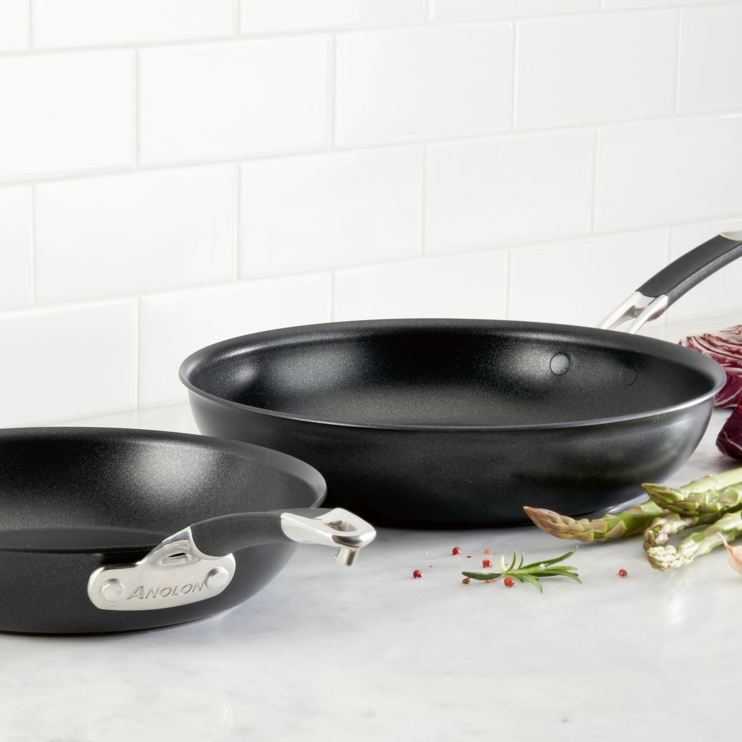 Anolon Smart Stack Hard Anodized Nonstick Frying Pan Set / Skillet Set - 8.5 Inch and 10 Inch, Black
