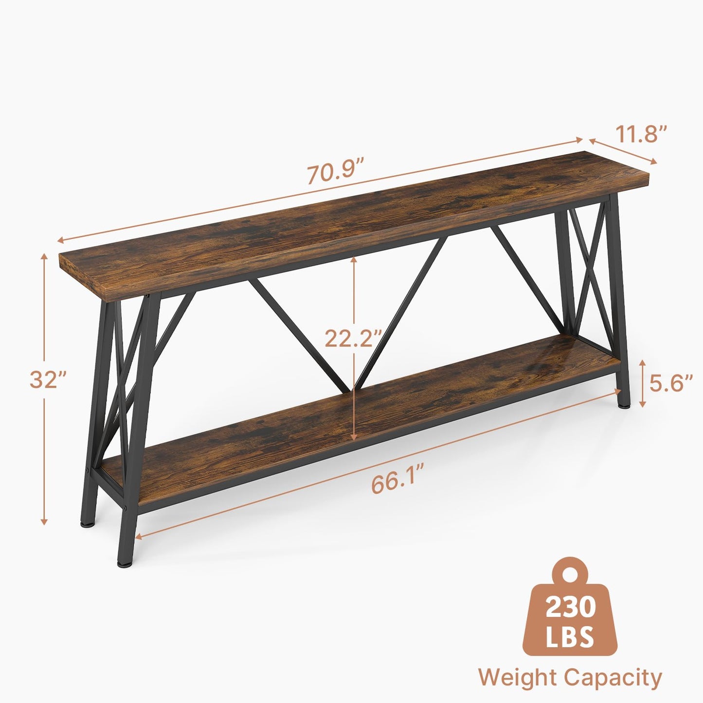 Rovibek 70.9 Inches Extra Long Sofa Table Narrow - Behind Sofa Table with X-Shaped Support, Industrial Console Table Entryway, Hallway Table for Entryway, Living Room, Brown