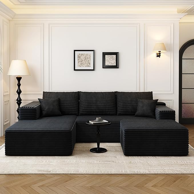 107.5" Cloud Modular Sectional Sofa with 1 Ottoman,Modern Minimalist Upholstered Couches, Comfort U Shaped Sofa for Living Room,Deep Seat Corner Couch,No Assembly Required (Black,Left Facing Chaise)