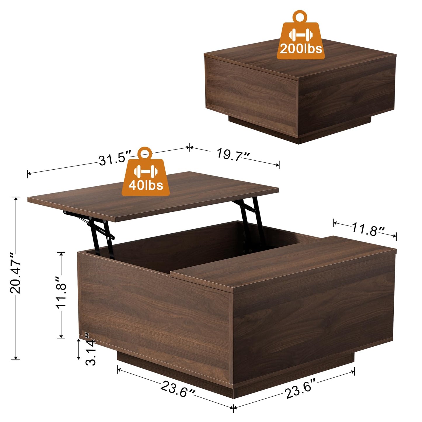 FABATO Lift Top Coffee Table, Wood Square Coffee Table with Storage, Farmhouse Coffee Tables with Hidden Storage Compartment, Center Table with Lifting Tabletop for Living Room, Home Office, Walnut