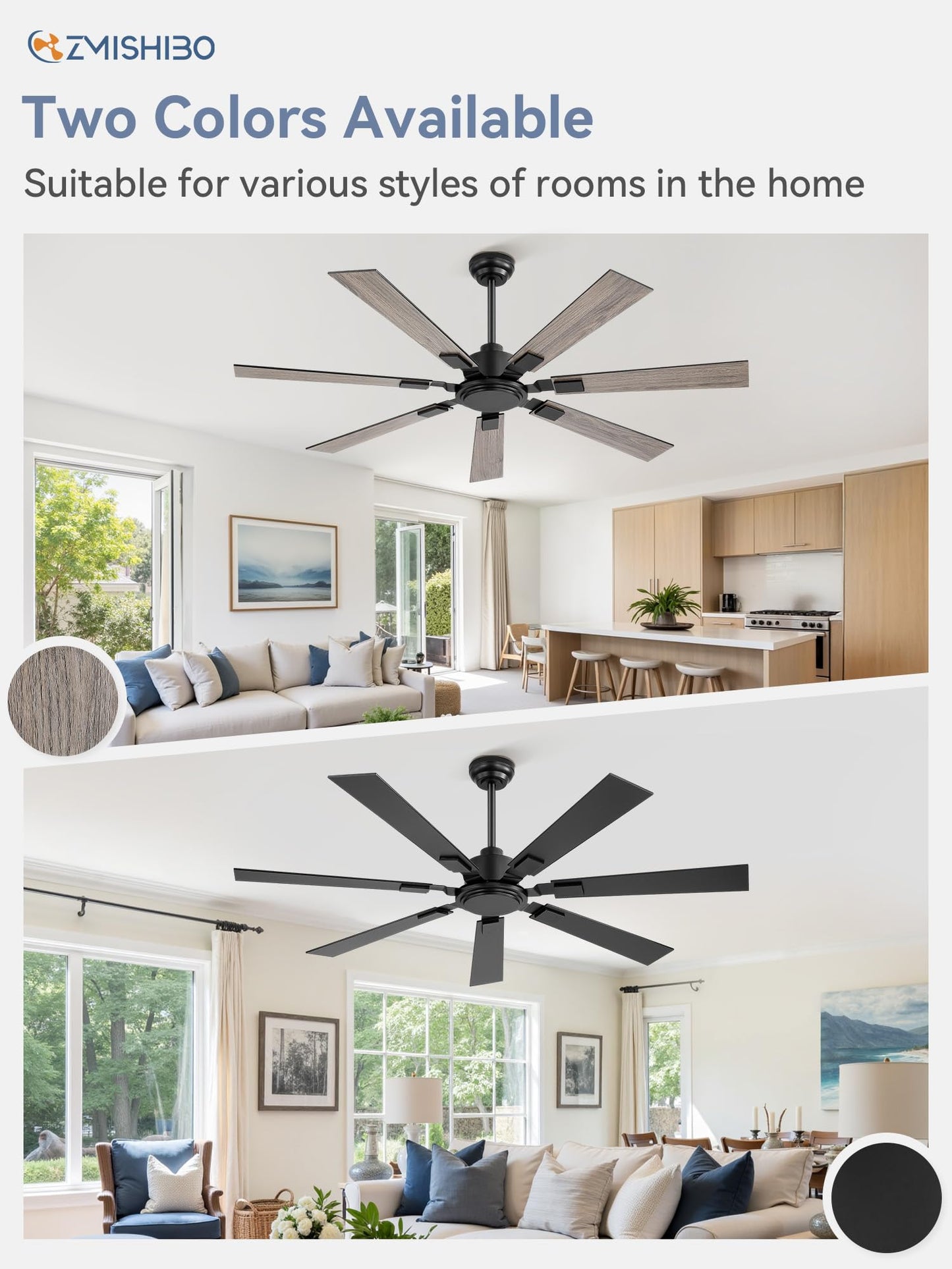 ZMISHIBO 60" Ceiling Fans No Light with Remote, Black Modern Ceiling Fan Without Light, Quiet Reversible DC Motor, 6 Speeds, 7 Blades Indoor/Outdoor Ceiling Fan for Living Room Bedroom Patio Garage