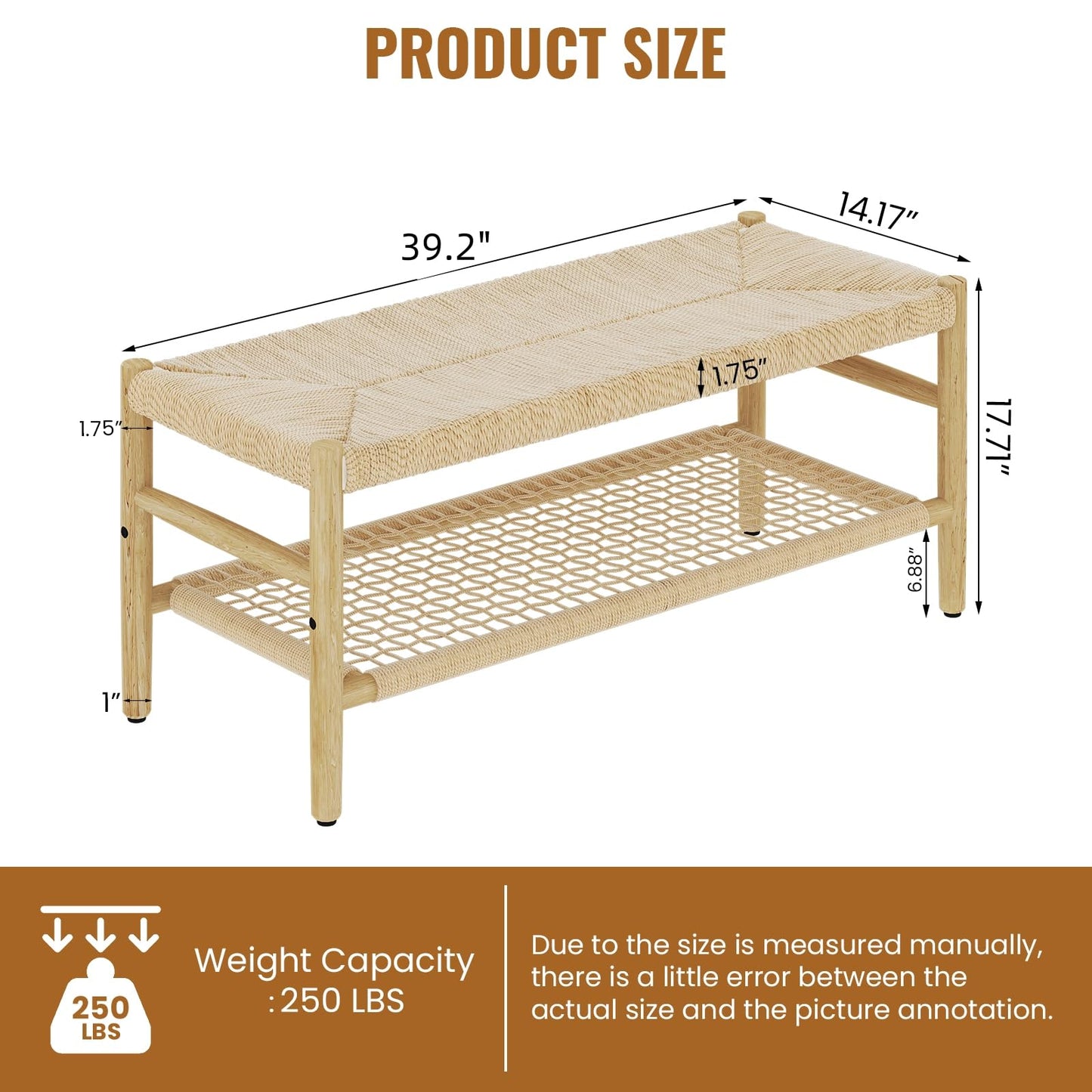 DKLGG Entryway Storage Bench with Mesh Shelf, Indoor Storage Bench Entrance Bench with Paper Cord & Rubber Wood Legs, Narrow Bench Boho Bench Dining Room Bench for Entryway, Living Room, Bedroom