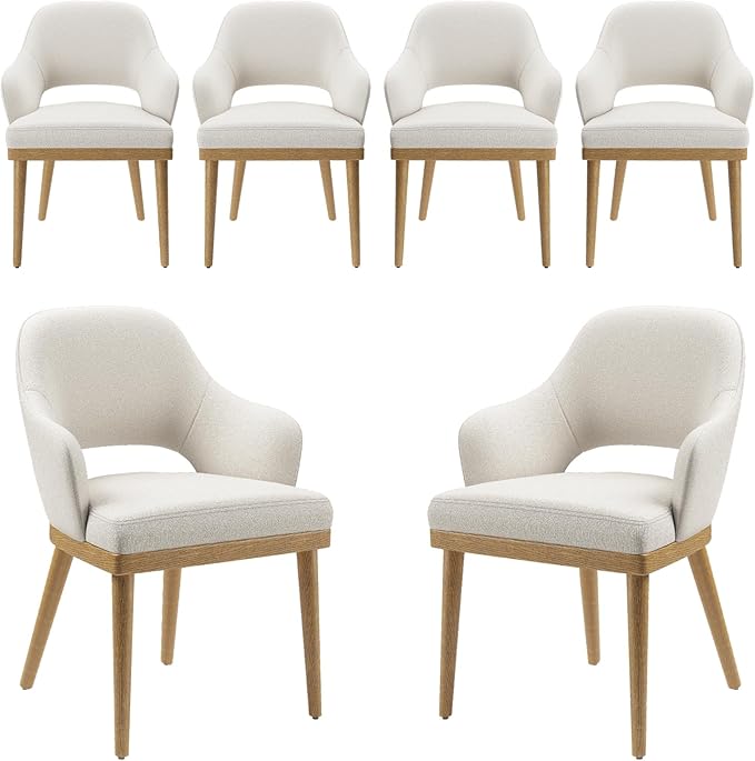MALOL Wooden Dining Chairs Set of 6, Modern Fabric Upholstered Dining Room Chair, Kitchen Side Chairs, Farmhouse Dinner Chair with Open Back for Kitchen, Beige