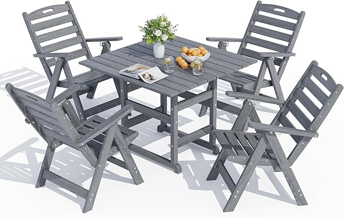 PamapicLife 5-Piece Outdoor Dining Set with Folding Chairs for Outside, All-Weather HDPE Outdoor Table and Chairs with Elegant Armrest, Patio Furniture Sets with Umbrella Hole for Patio, Gray
