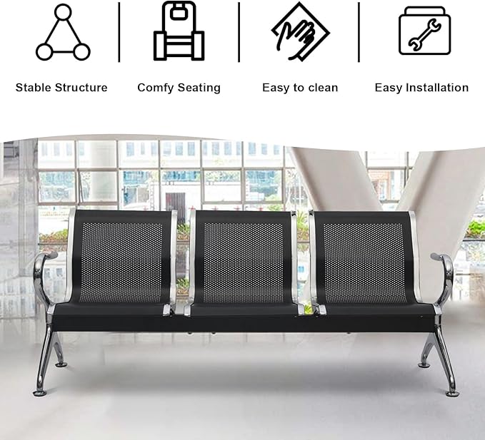 kinbor Waiting Room Chairs - Durable Black Reception Bench with Armrests, 5-Seat Office Reception Guest Chairs for Office, Hospital, Airport, Bank & Lobby