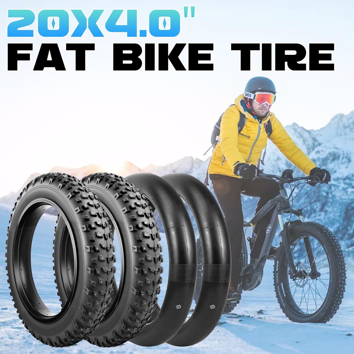 MAKELEN 20x4.0/26x4.0 Studded Snow Bike Tires - Deep Tread Winter Tire with Steel Spikes for Snow and Sand Terrains - Anti-Slip Bicycle Tires for Off-Road Cycling (Black(2 Tires&2Tubes), 20x4)