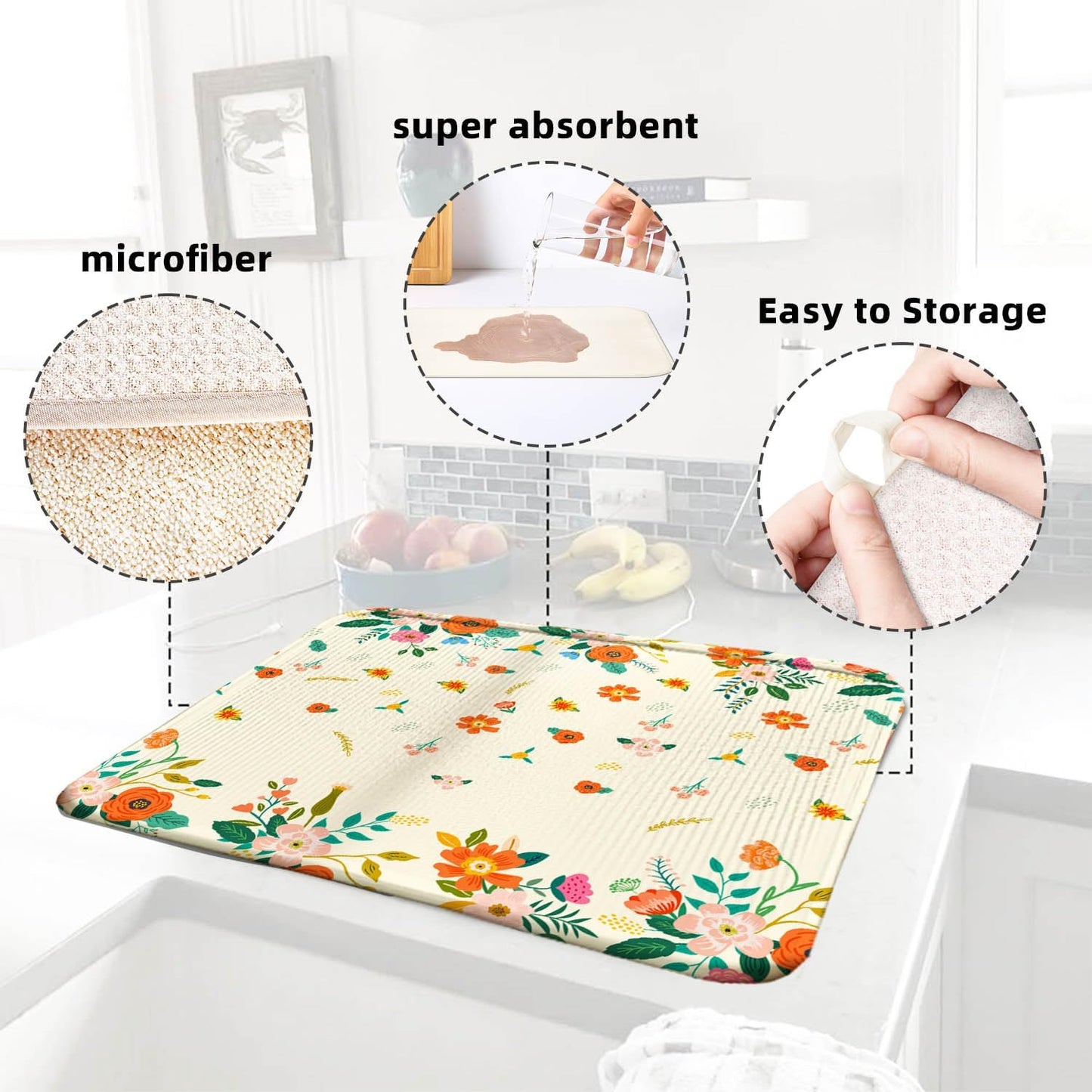 Flower Drying Mat 16" X 18" Fall Orange Floral Kitchen Counter Stone Large Dish Drying Mats For Kitchen Fall Leaf Drying Mats For Home Counter Fall Drying Mats For Dishes Dish Table Mat Drying Mat