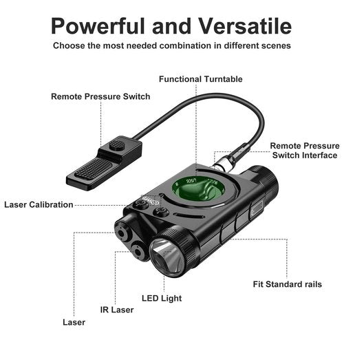 SMSlaser 1000 Lumens Tactical Light/Green Laser/IR Laser Combo, Weapon Light Dual Laser Combo for Rifle Compatible with All Standard Picatinny Rails with 9-inch Remote Pressure Switch