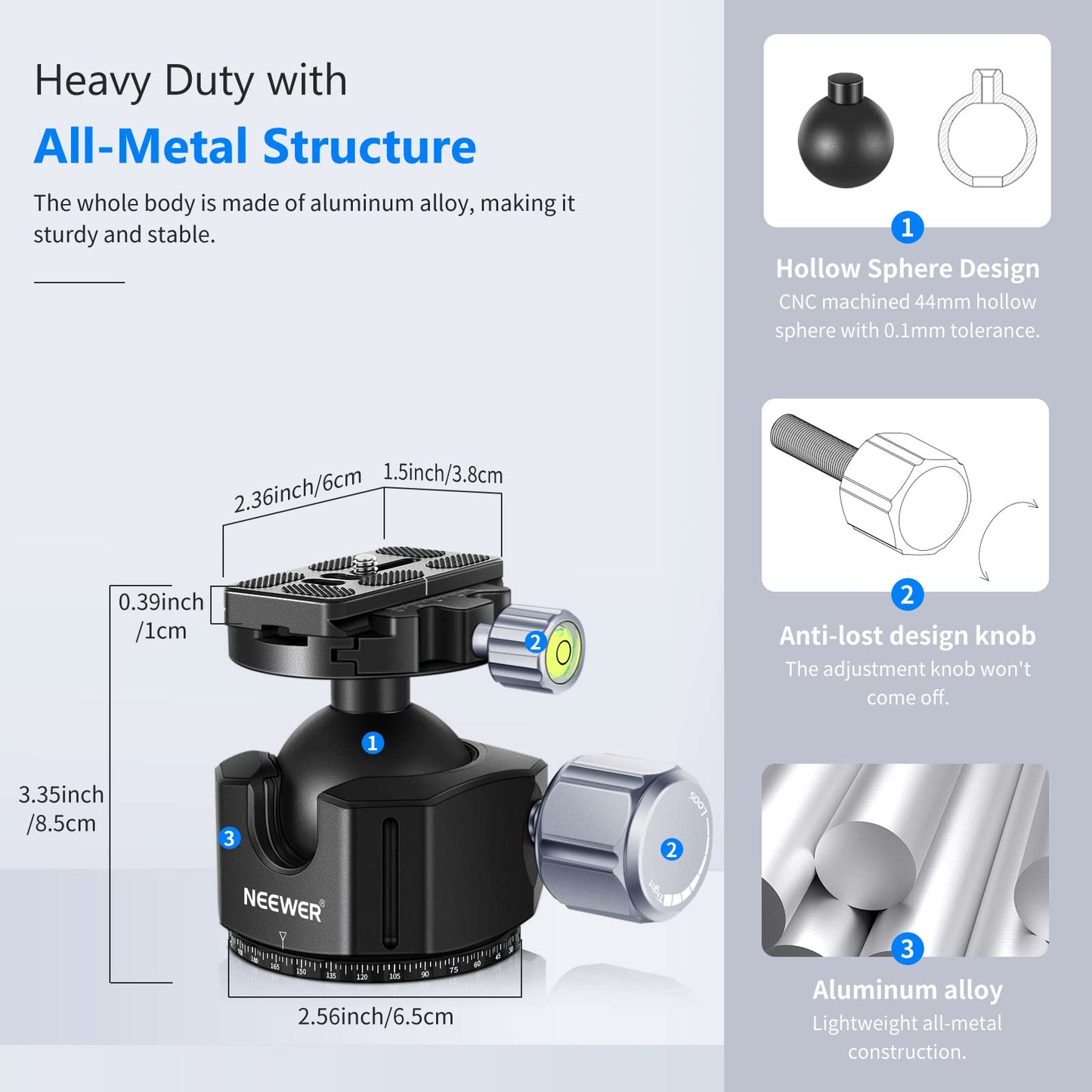 Neewer Low Profile Dslr Camera Tripod Ball Head, 44Mm All Metal Panoramic Camera Mount Tripod Head With 1/4 Quick Release Pla