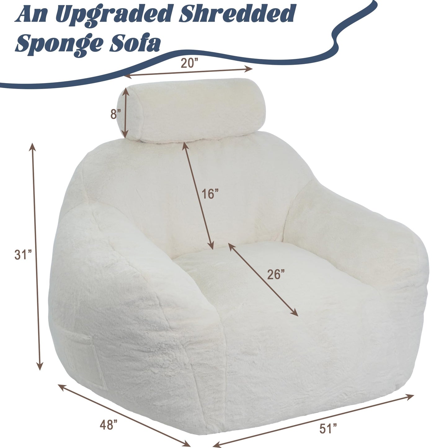 LFCREATOR Large Bean Bag Chairs for Adults, Faux Fur Fabric Giant Bean Bag Chair with Pillow, Soft Bean Bag Sofa Chair with Ergonomic Support, Beige Plush Lazy Sofa, White