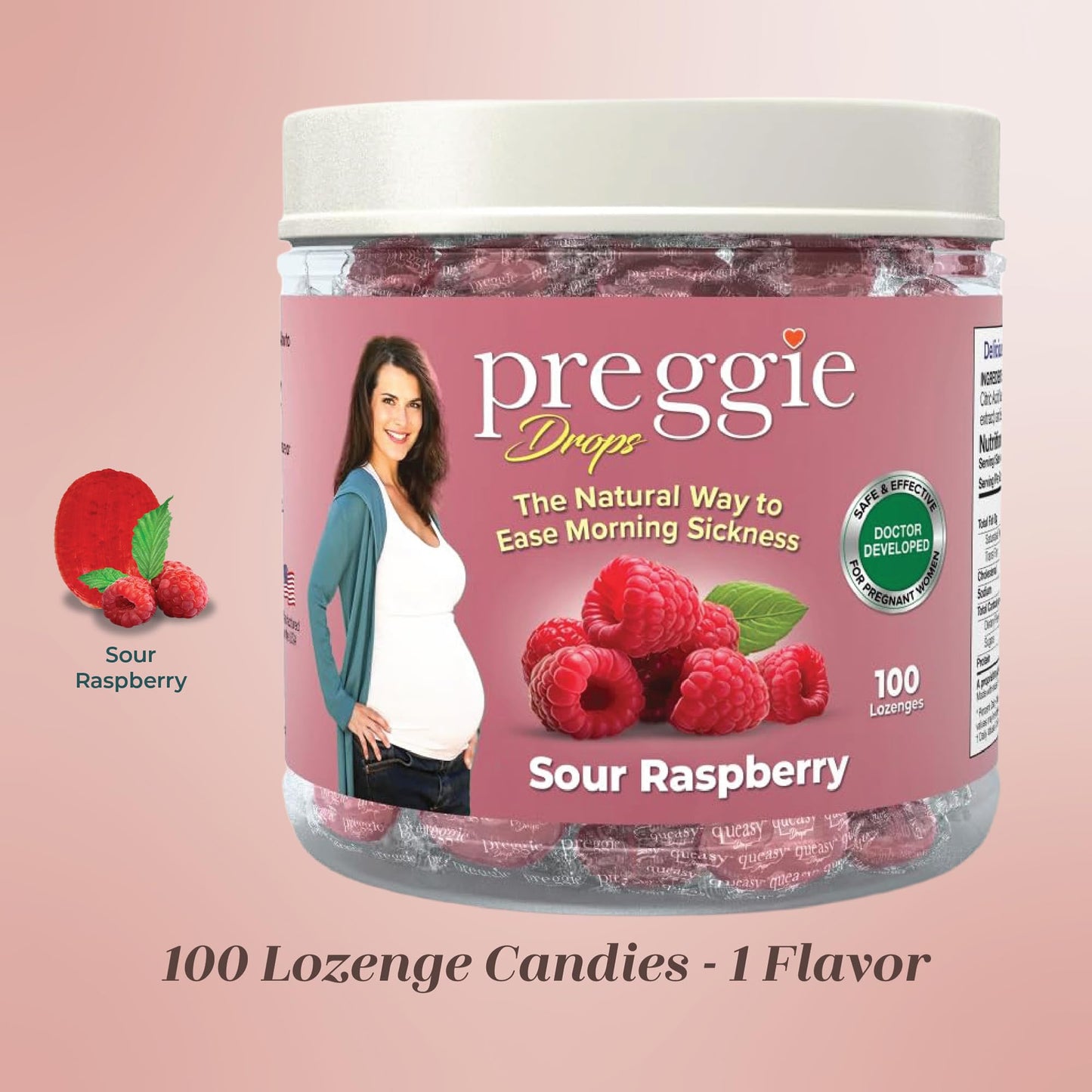 Preggie Pop Drops Plus with Vitamin B6 for Pregnancy Nausea Relief, Morning Sickness Candy with Essential Oils for Pregnant Women – Sour Raspberry, 100 Count