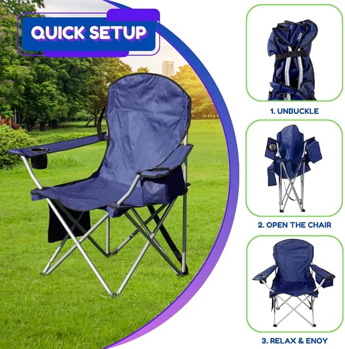 EZONE 2-Pack Camping Chairs with Built-in Ice Cooler, Portable Chair, Storage Pocket, Cup Holder, and Carry Bag Perfect for Camping, Tailgating, Fishing, Beach, and Lawn (4, Navy)