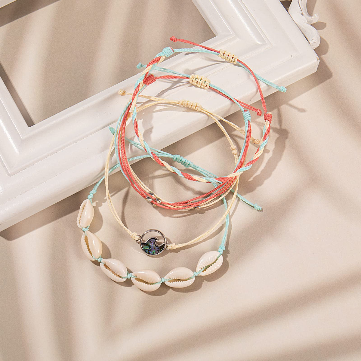 FANCY SHINY Wave String Bracelets Braid Puka Shell Bead Bracelets Handmade Cute Trendy Boho Abalone Jewelry Gifts for Women(Roug