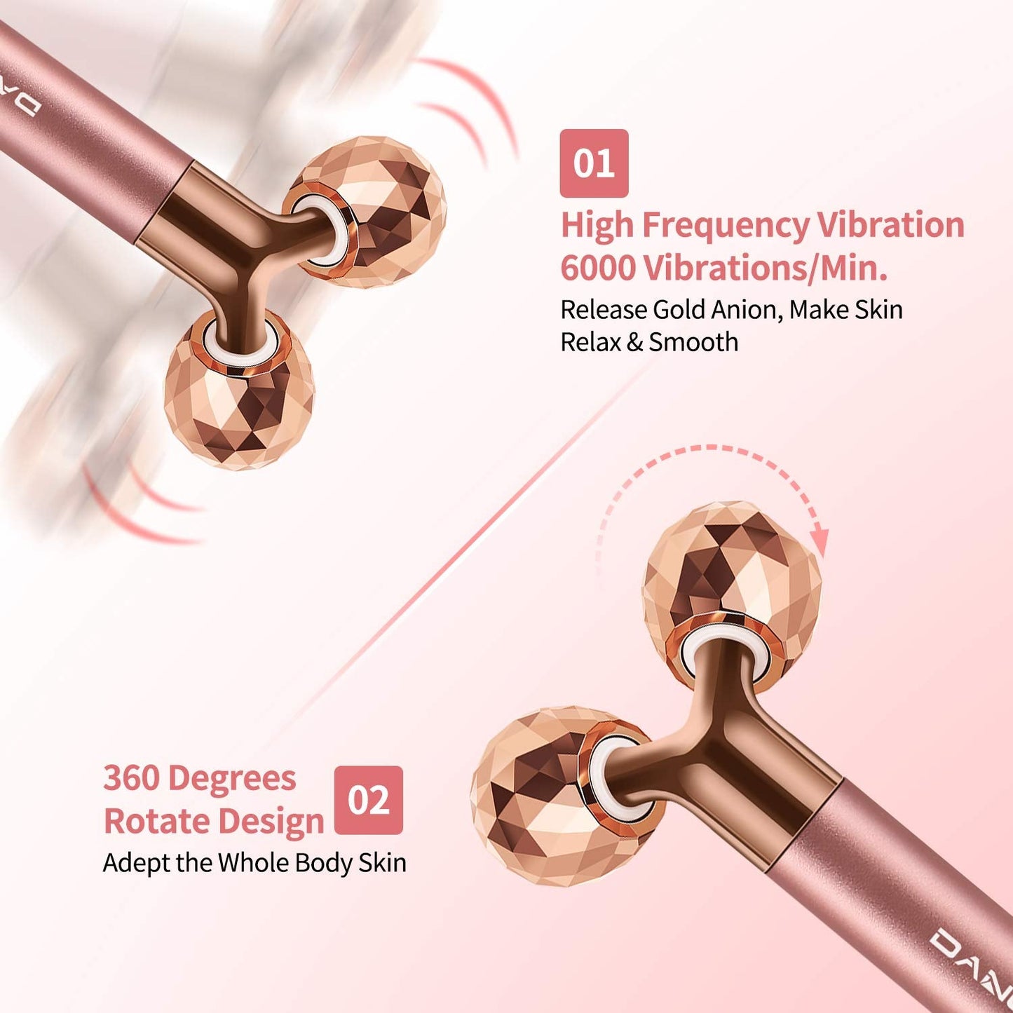 2-IN-1 Electric Face Massager Roller 24k Rose Gold Face Roller, 3D Roller and Unique Crescent Shape Facial Roller Massager Kit A