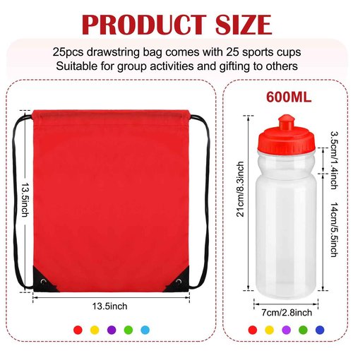 Mifoci 50 Pcs/ 25 Sets 20 oz Reusable Water Bottles Bulk and Drawstring Backpack Set Plastic Sport Water Bottle Squeeze Lightweight Clear Water Bottle Gym Drawstring Bags for Adult Kids Fitness