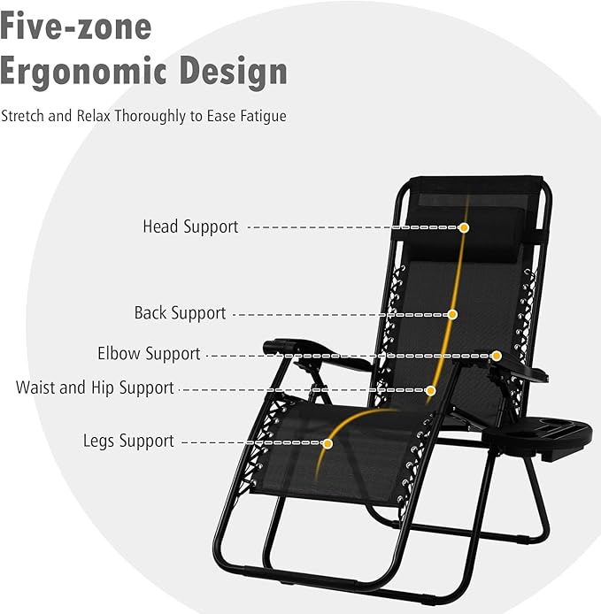 Tangkula Set of 2 Zero Gravity Chair, Folding Patio Lounge Chair Adjustable Outdoor Recliner with Cup Holder, Wide Armrest for Patio Garden Poolside Outdoor Yard Beach, Support 350 lbs (2, Black)